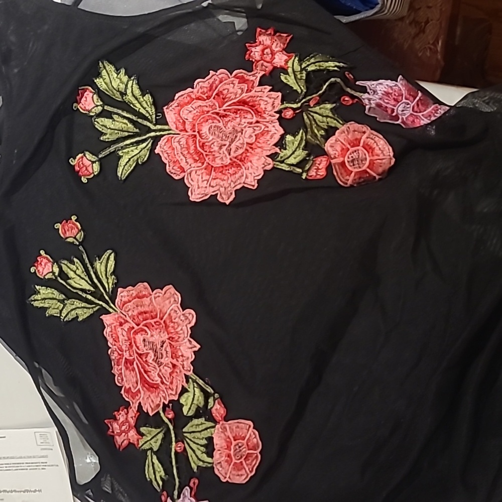 Forever 21 plus mesh bodysuit with floral appliques